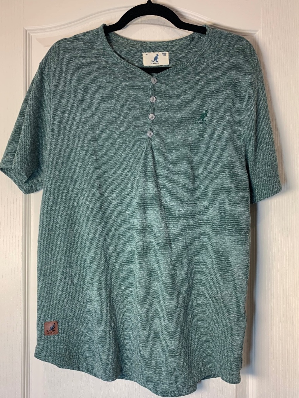 Kangol Green Speckled Henley T-Shirt Relaxed Streetwear Logo Tee Size L